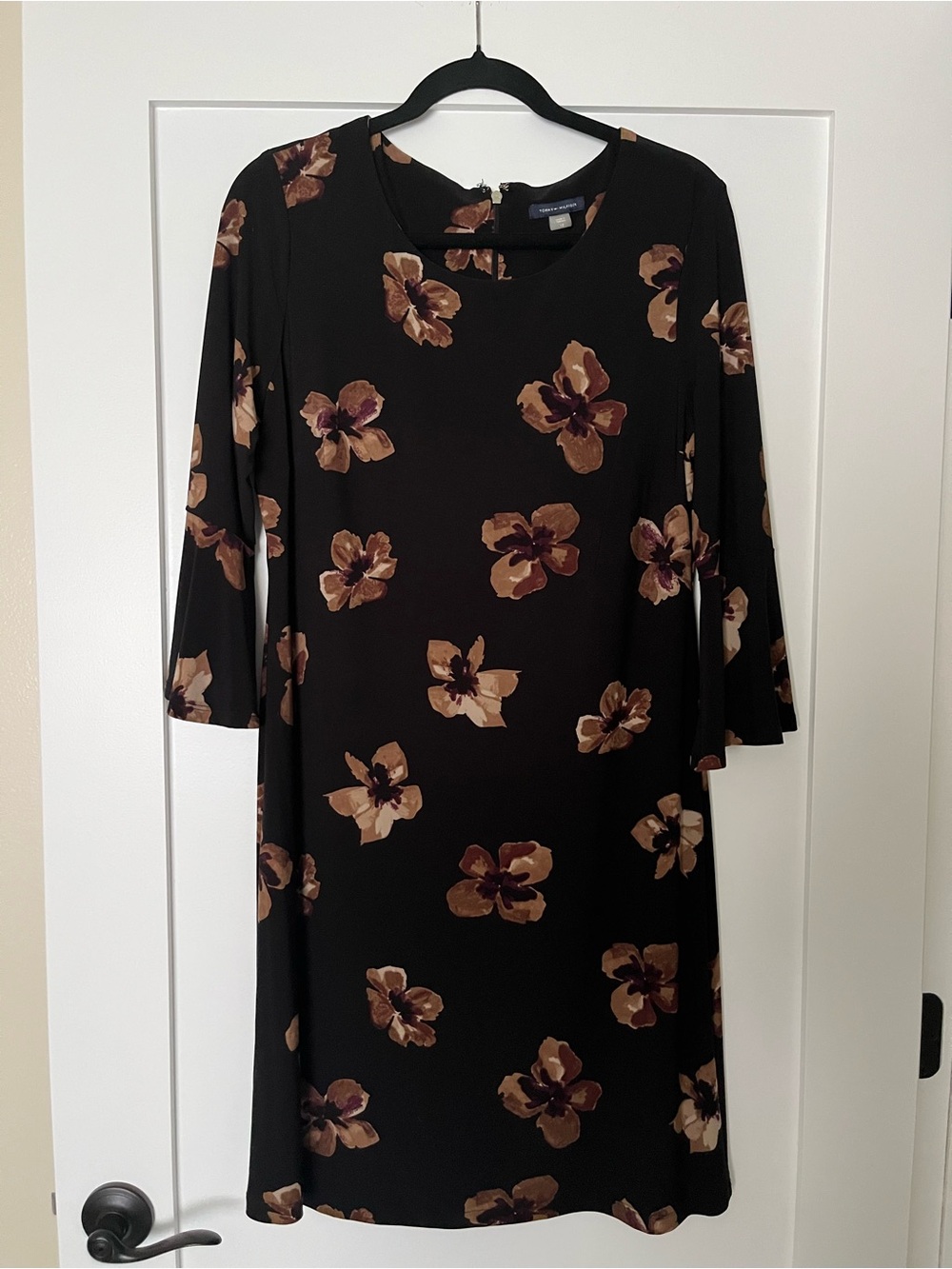 Tommy Hilfiger Black Dress with Brown Floral Print and Flared sleeves